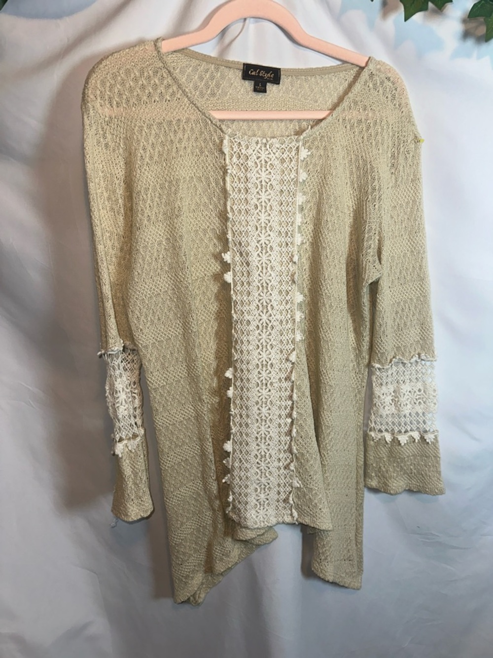 Cal style Cream Open-Front Crochet-Trim Cardigan